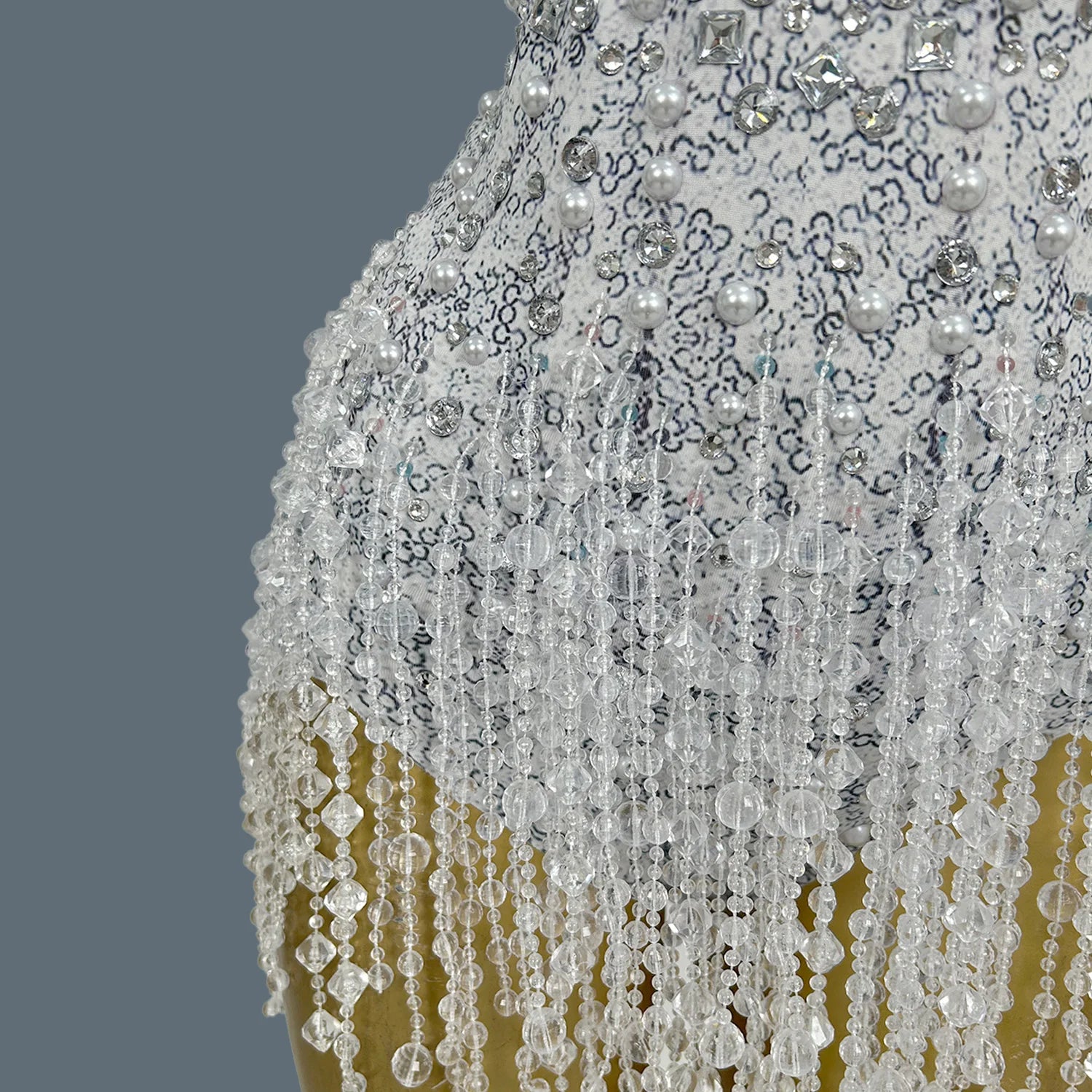 Sparkly Pearl & Crystal Tassel Deep V-Neck Backless White Stage Bodysuit Leotard