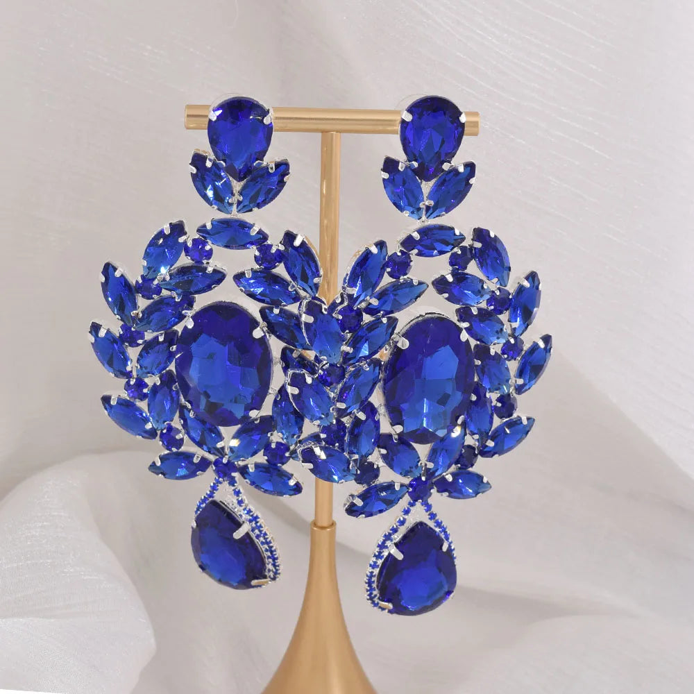 Oversized 4.7" Glass Gemstone Statement Drop Earrings Drag Queen Stage Jewelry