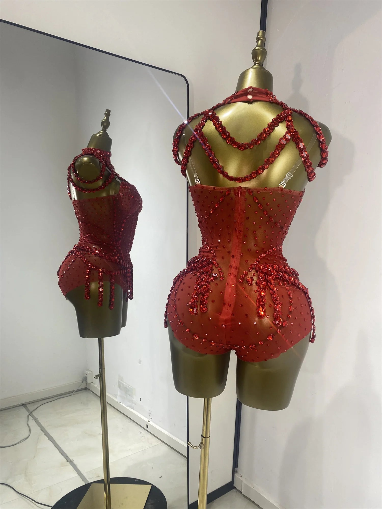 Crimson Red Rhinestone Corset Bodysuit & Embellished Choker 2-Piece Stage Costume Set