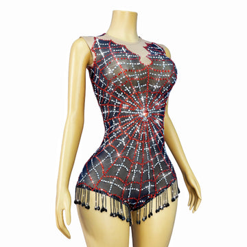Spiderweb Rhinestone High-Cut Stage Bodysuit Halloween Dance Performance Leotard
