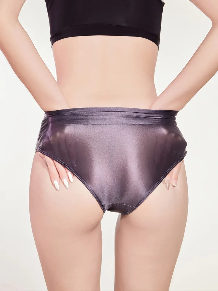 Sexy Sheer See Through High Waist Briefs Elastic Underwear Oil Glossy Shiny G-string Satin Smooth T-Back Push Up Hip Thong