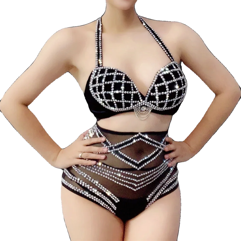 Black Rhinestone Grid Bikini & Feather Wing Headpiece Gogo Stage Costume Set