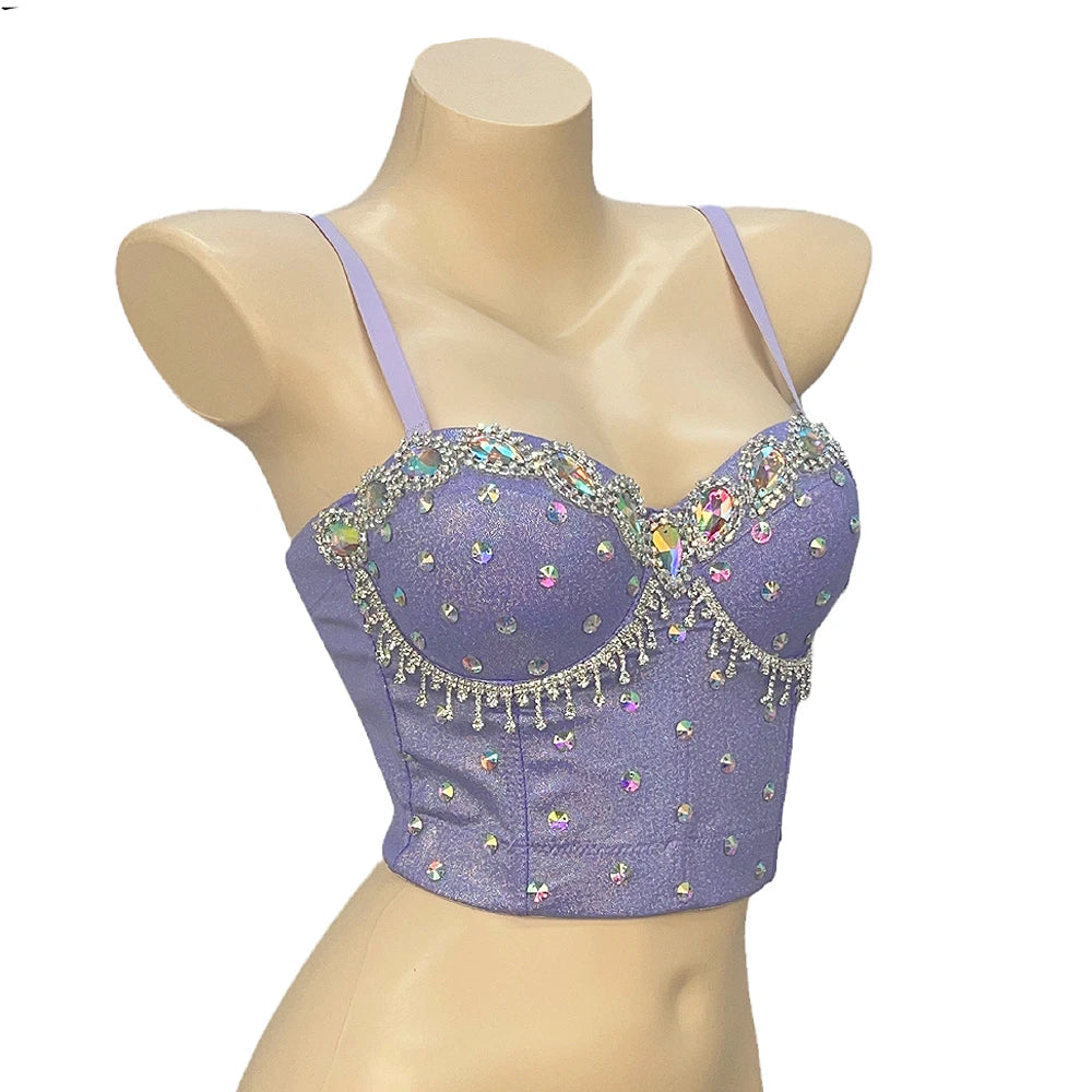 Sparkly Rhinestone Inlaid Corset Bra Top Nightclub Pole Dancing Costume