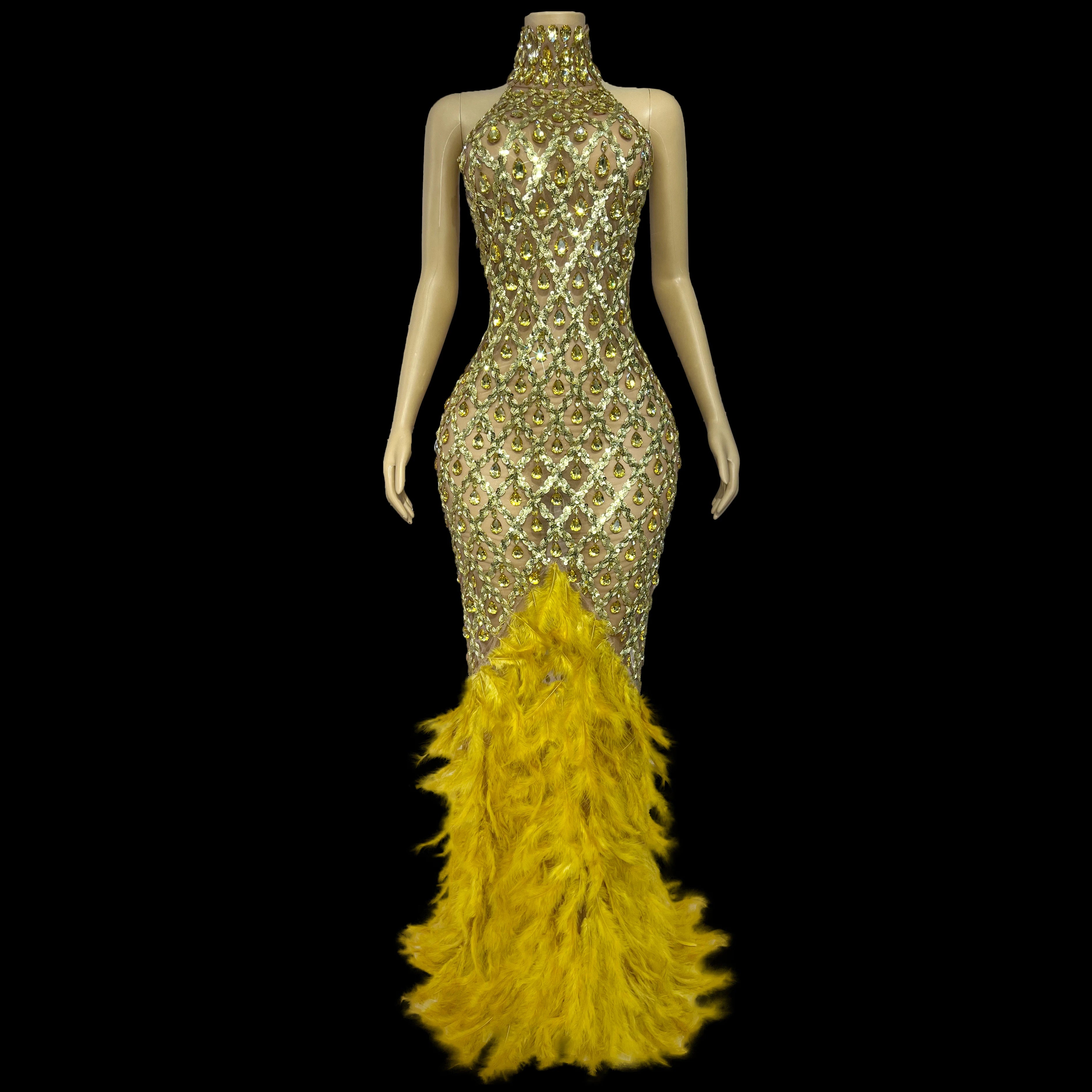 Sparkly Rhinestone Feather Sheer Mesh Evening Gown Stage Fashion Show Outfit