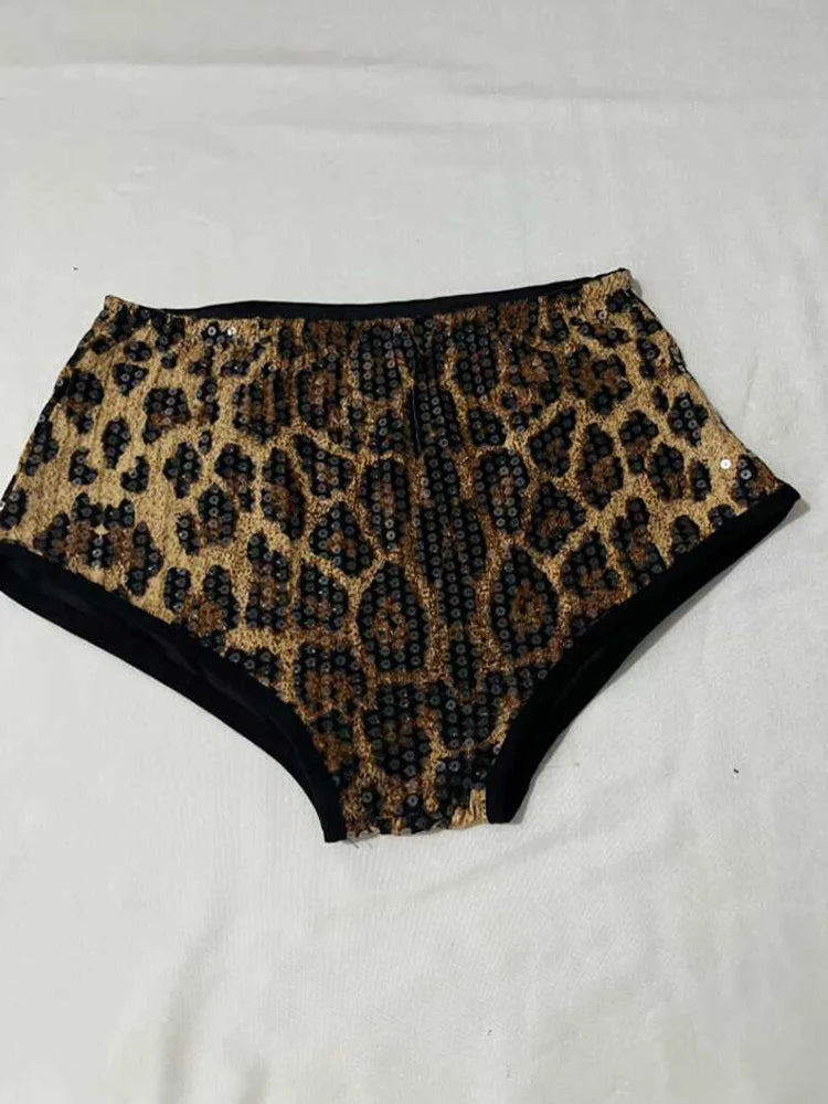 Sequined Top & High-Waist Leopard Print Shorts 2-Piece Gogo Dance Set