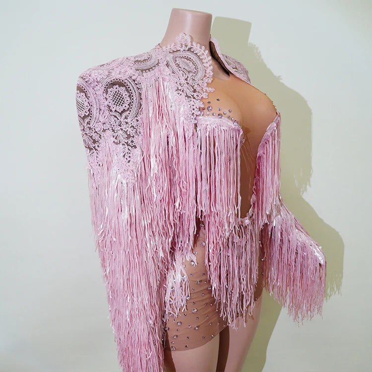 Rhinestone Tassel Fringe Jacket And Dress Costume Set