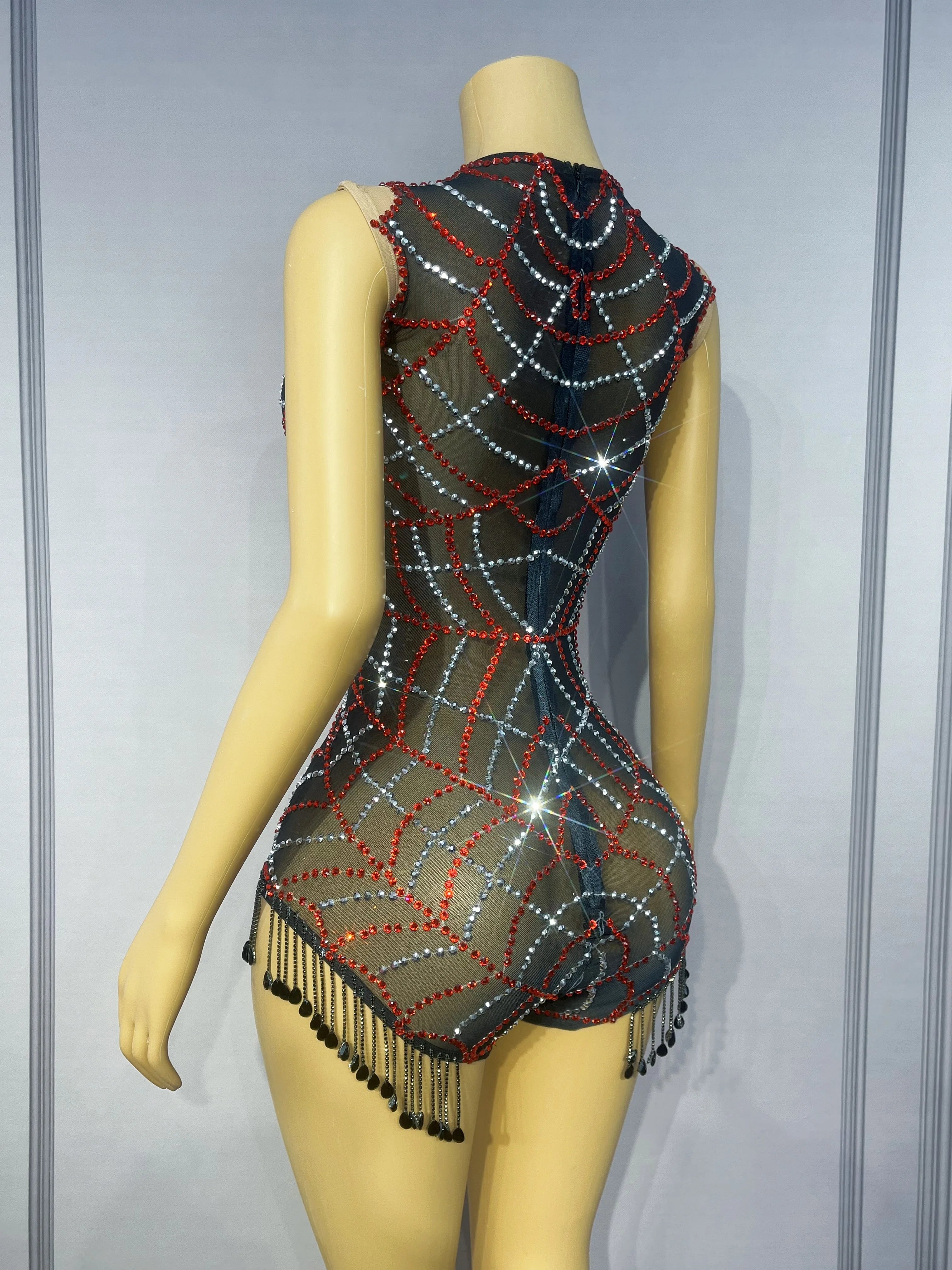 Spiderweb Rhinestone High-Cut Stage Bodysuit Halloween Dance Performance Leotard