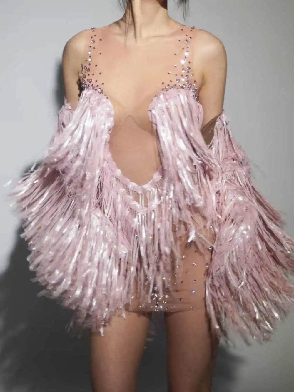 Rhinestone Sequin Fringe Mini Dress & Feather Shawl 2-Piece Stage Costume Set