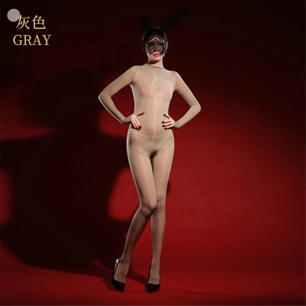 Oil Glossy High-Stretch Sheer Full-Length Bodysuit Thong Catsuit Jumpsuit