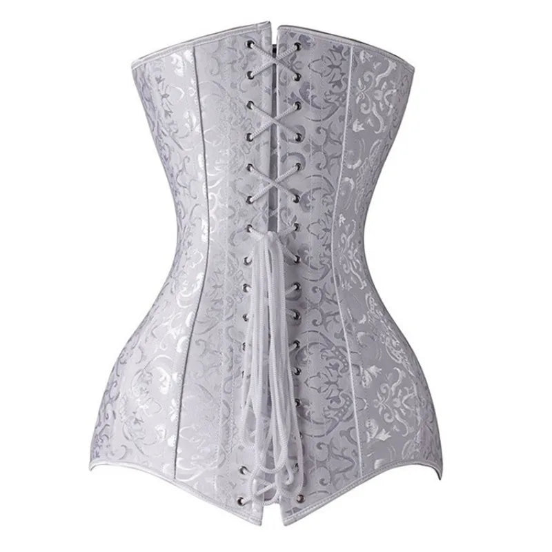 Steel Boned Long Torso Overbust Corset Top Gothic Vintage Floral Brocade Bustier