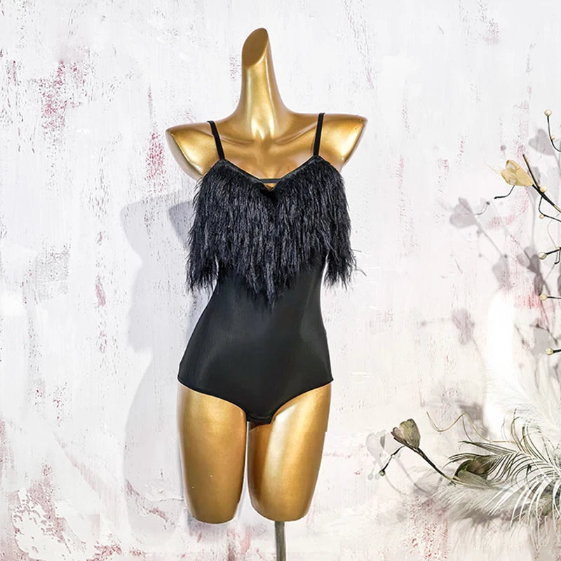 Black Fluffy Dance Leotard & Fringe Practice Skirt Latin Performance Costume Set