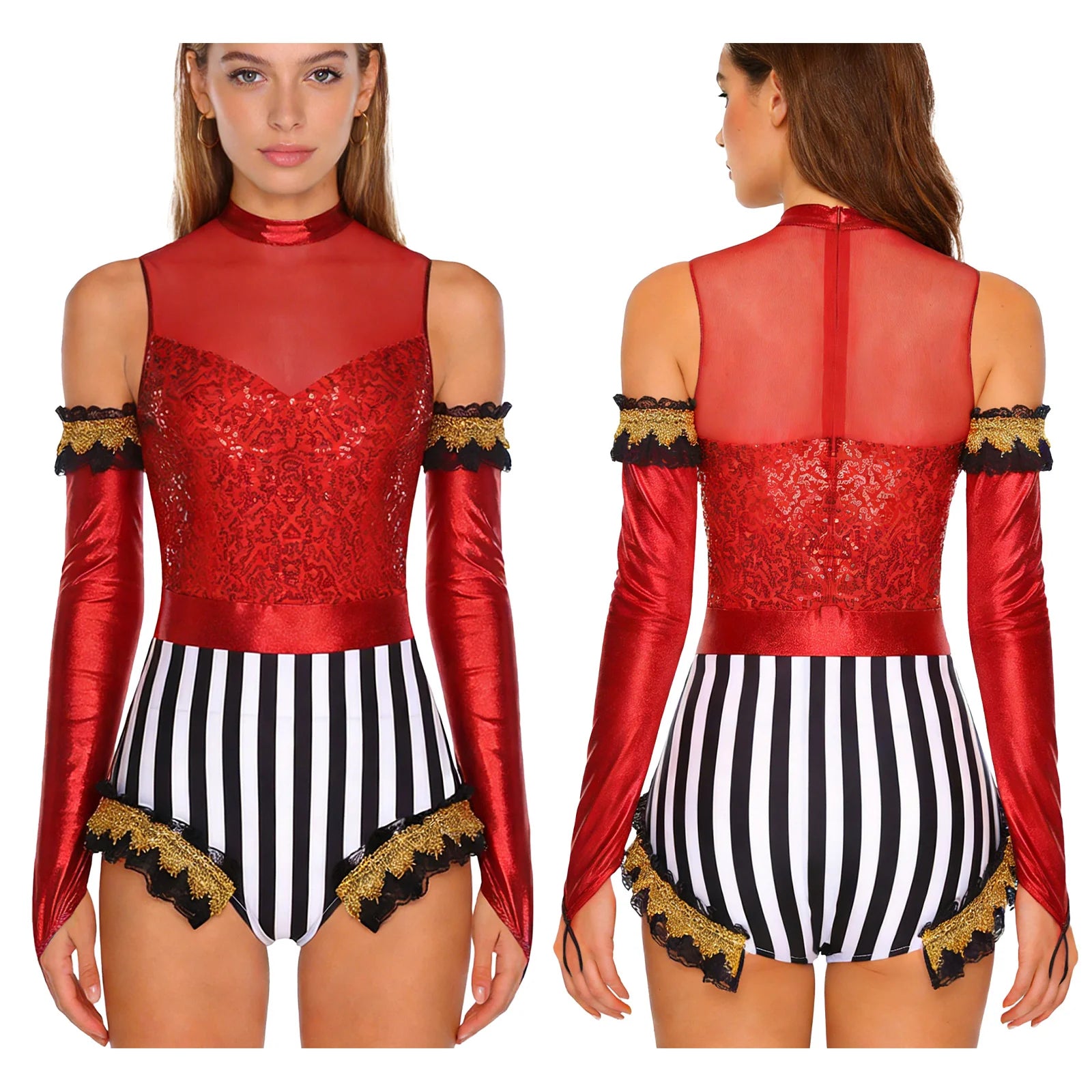 Circus Ringmaster Sequin Striped Bodysuit & Metallic Gloves 2-Piece Stage Costume Set