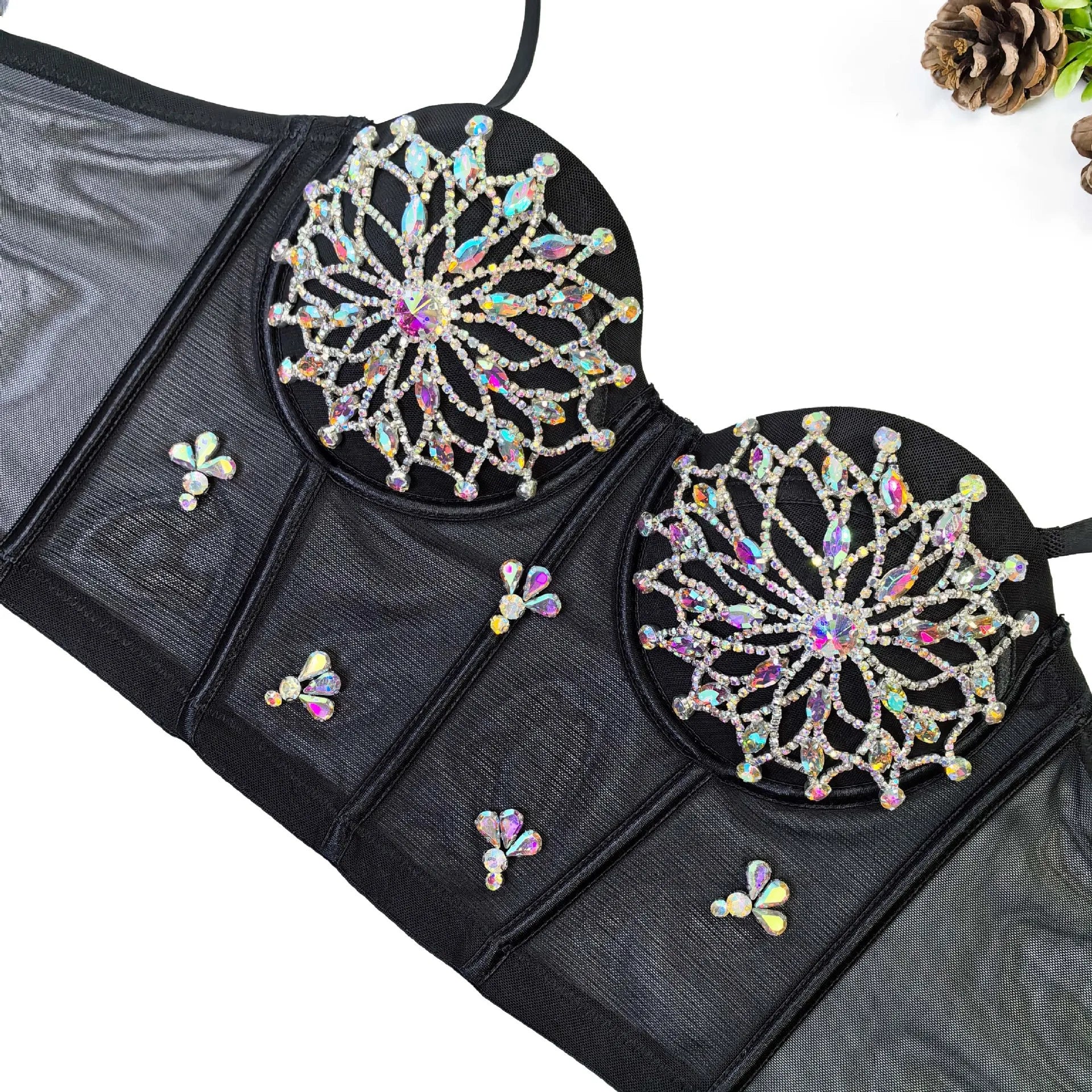Black Mesh Bustier Corset Crop Top Crystal Embroidered Nightclub Bralette