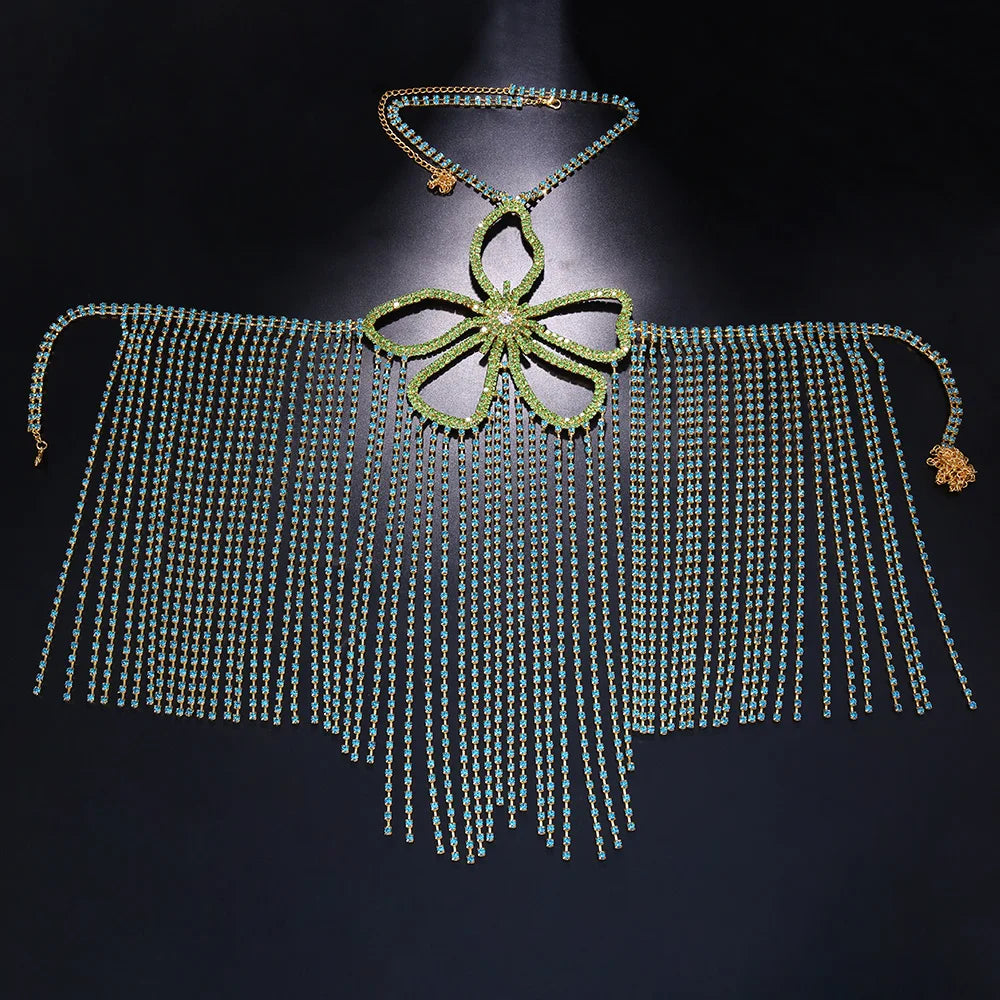 Rhinestone Tassel Flower Bralette Body Chain – Crystal Fringe Chest Harness Bra Chain in Gold or Silver