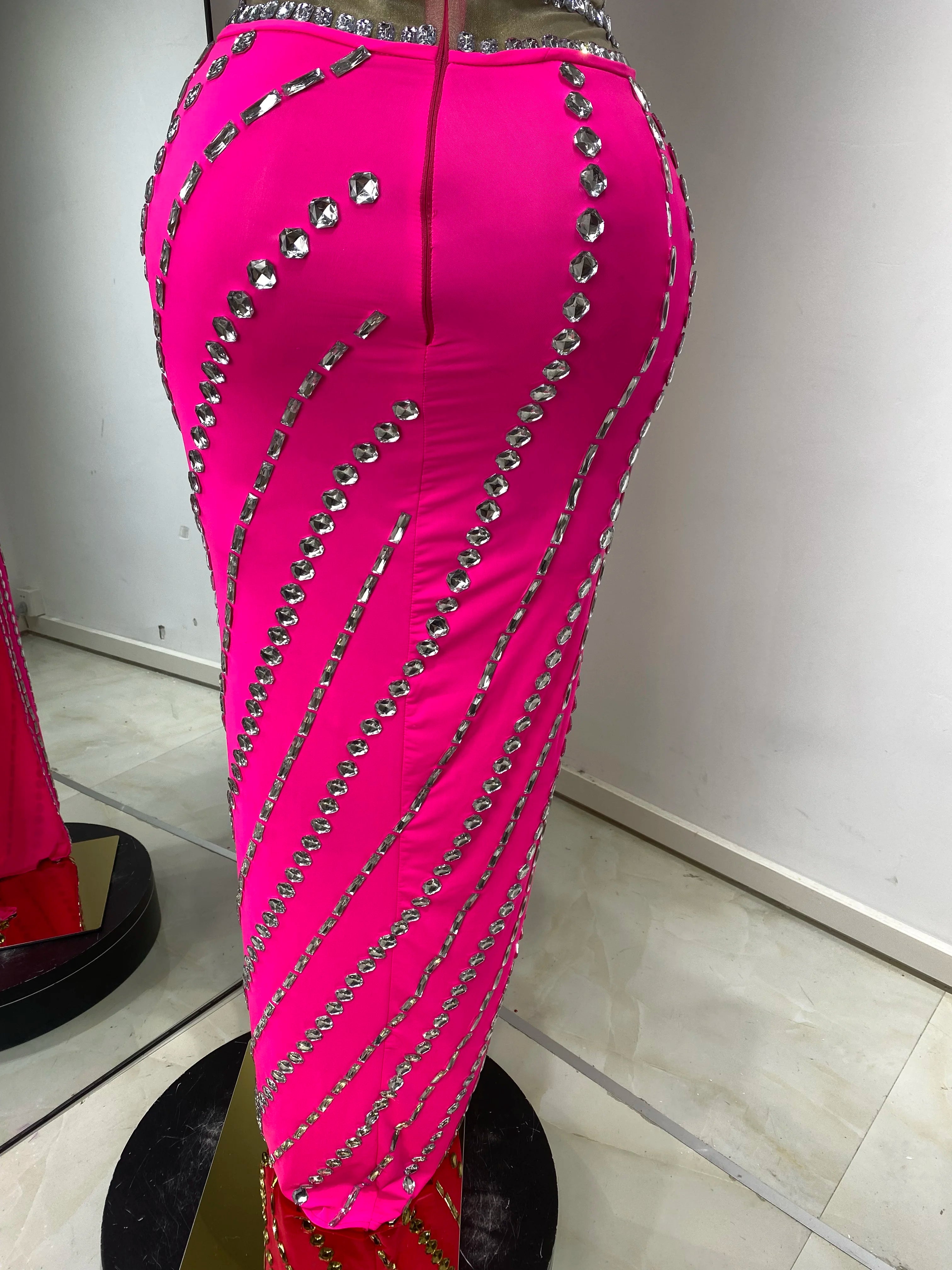 Hot Pink Rhinestone & Tulle Inset Open-Leg Maxi Evening Gown