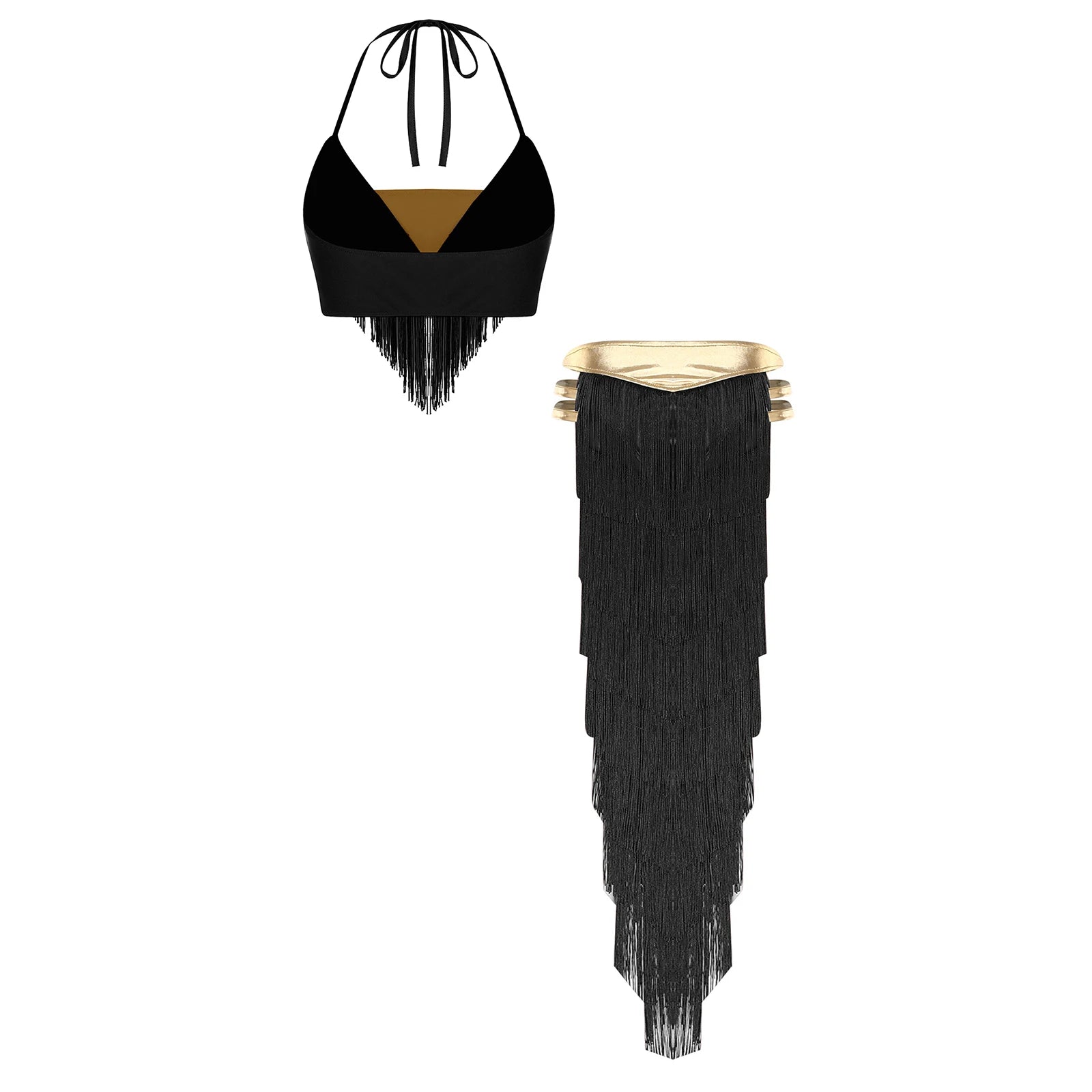 Gold Trim Halter Lace-Up Crop Top & Tiered Tassel Skirt Belly Dance Outfit