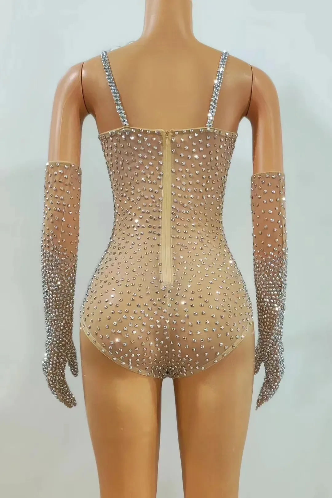 Sparkly Silver Crystal Rhinestone Bodysuit & Long Gloves Stage Costume Set