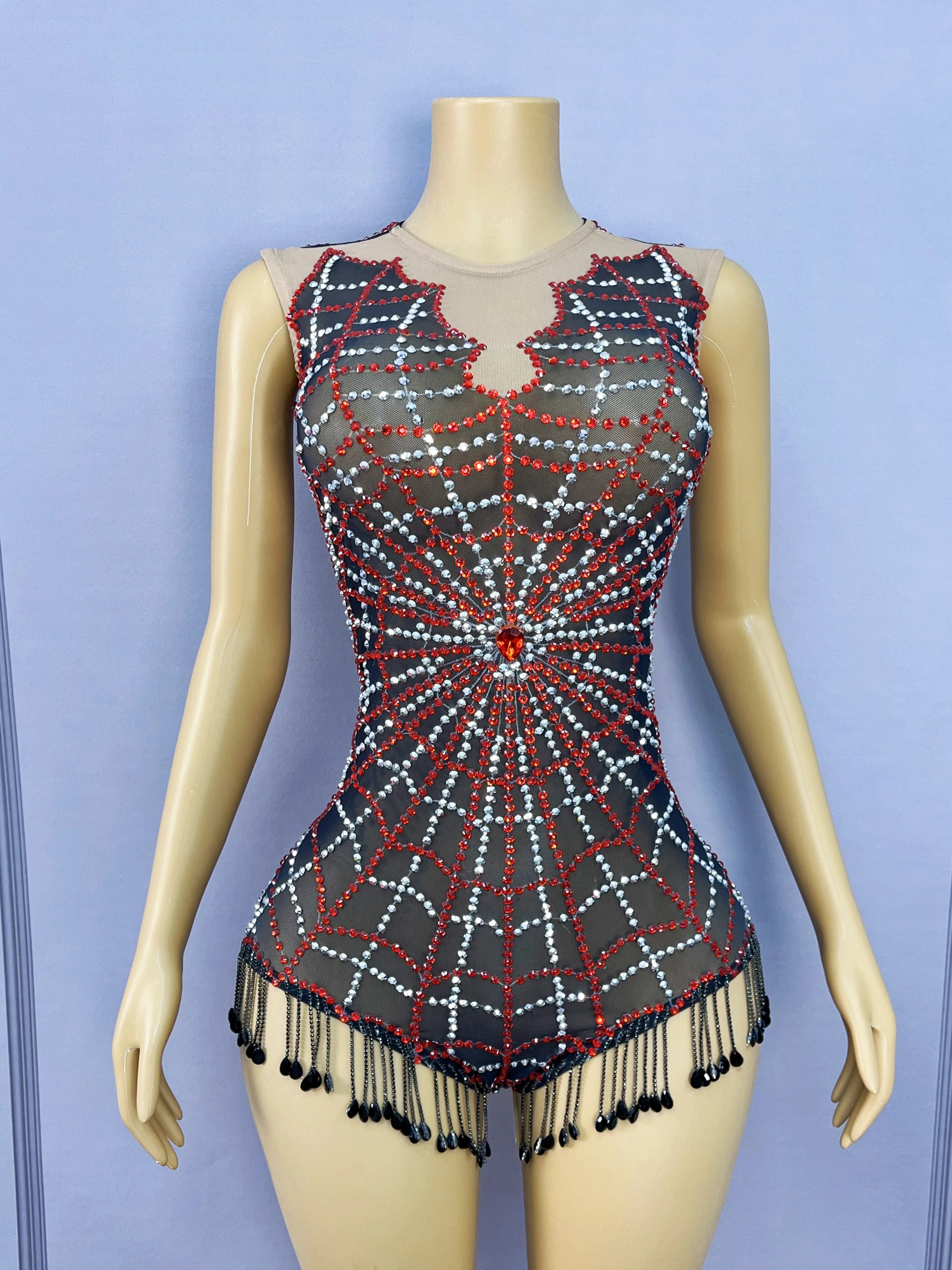 Spiderweb Rhinestone High-Cut Stage Bodysuit Halloween Dance Performance Leotard
