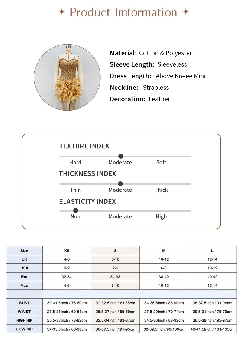 Gold Feather Trim Strapless Mini Dress