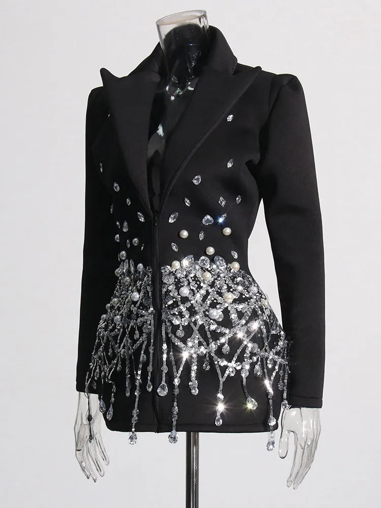 Patchwork Sequins Long Sleeve High Waist Spliced Pearls Mini Dresse