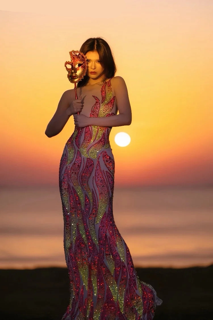 Flaming Fire Print Rhinestone Maxi Dress Sleeveless High-Slit Stage Performance Gown