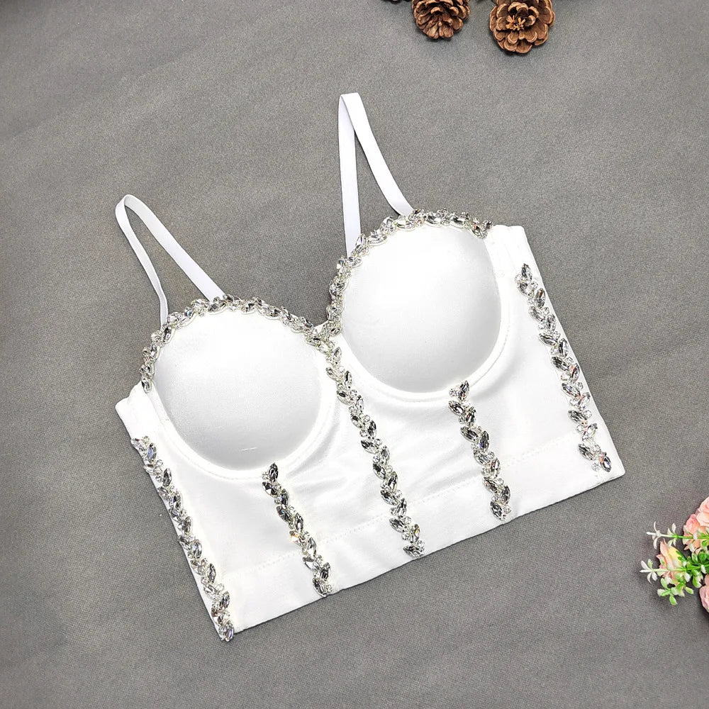 Crystal Chain Strap Bustier Corset Crop Top Hook-and-Eye Stage Bralette