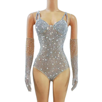 Sparkly Silver Crystal Rhinestone Bodysuit & Long Gloves Stage Costume Set