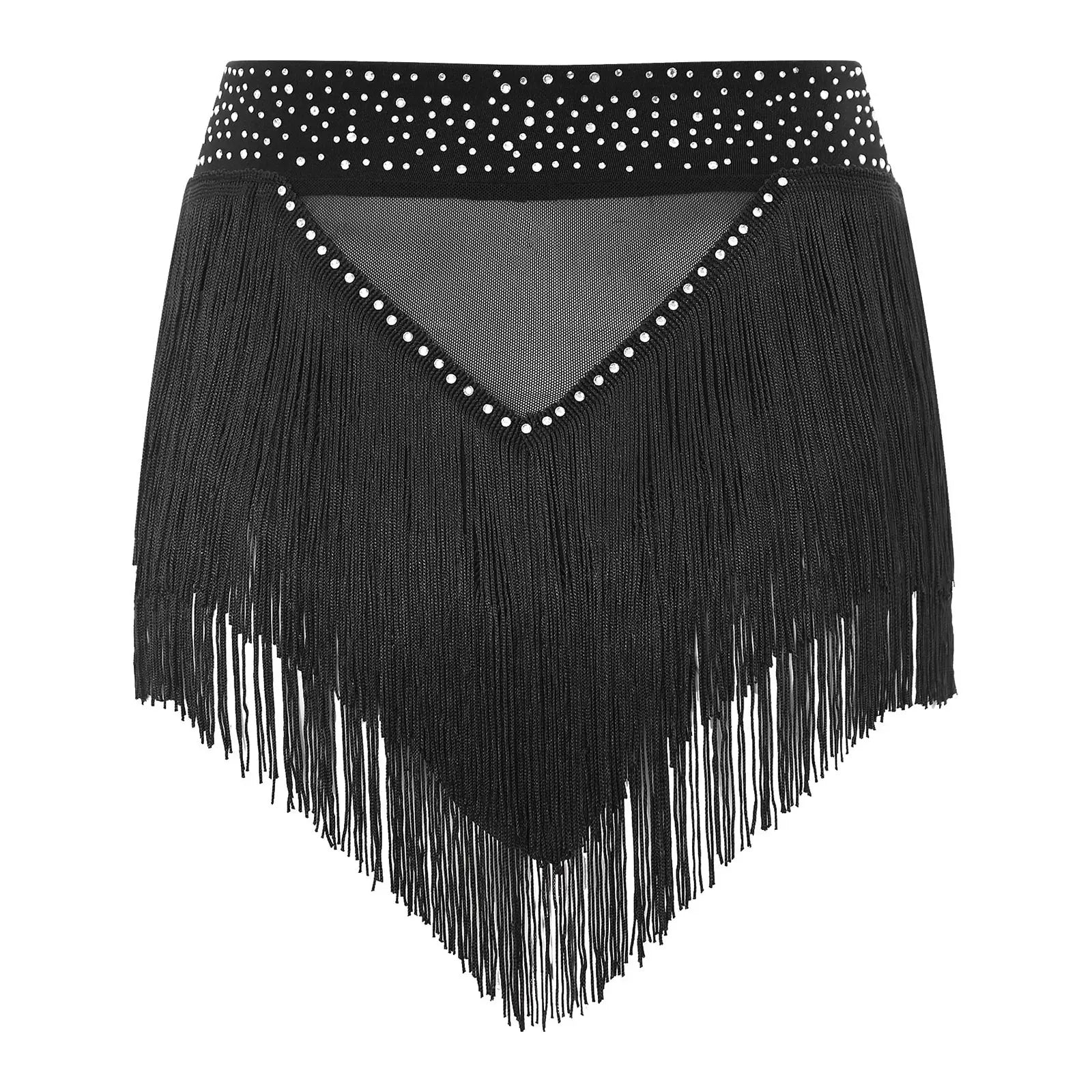Rhinestone Tassel High-Waist Dance Shorts & Sheer Mesh Fringe Skirt