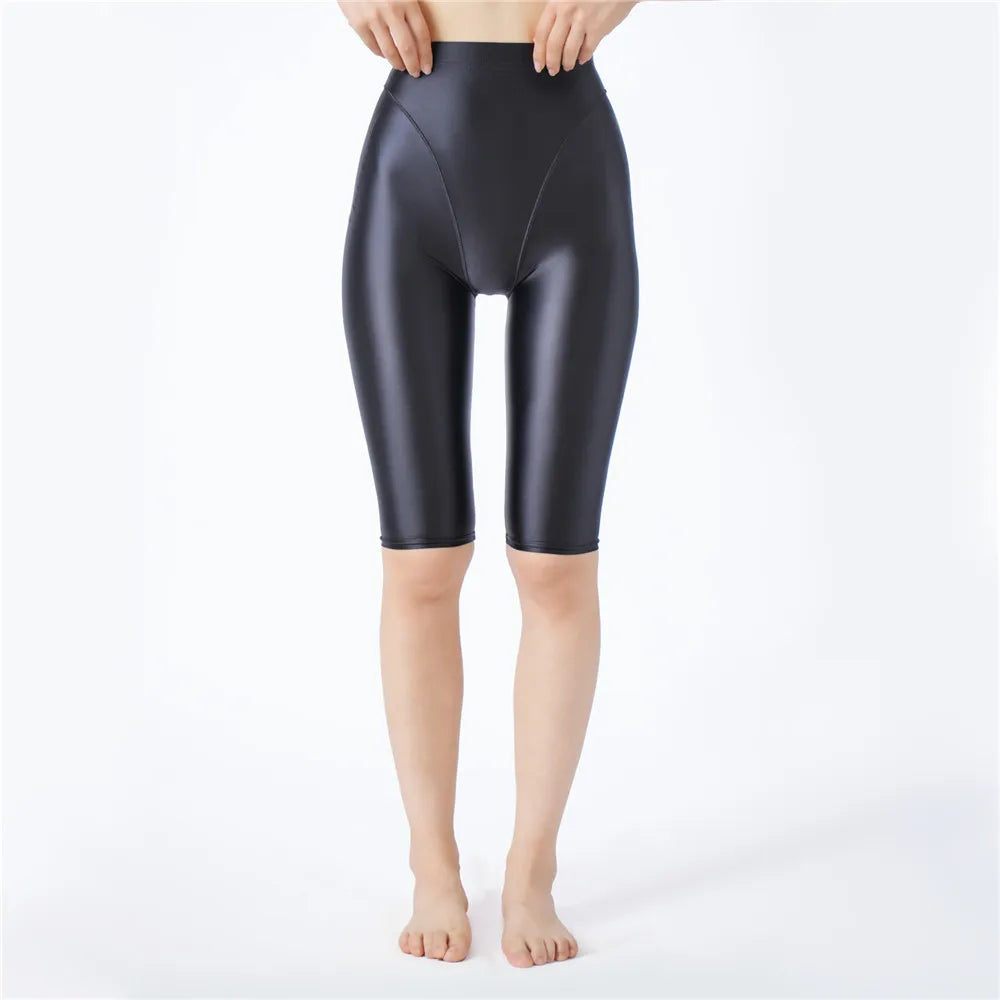 Oil Glossy High-Stretch Knee-Length Shorts Satin Shine Performance Biker Shorts