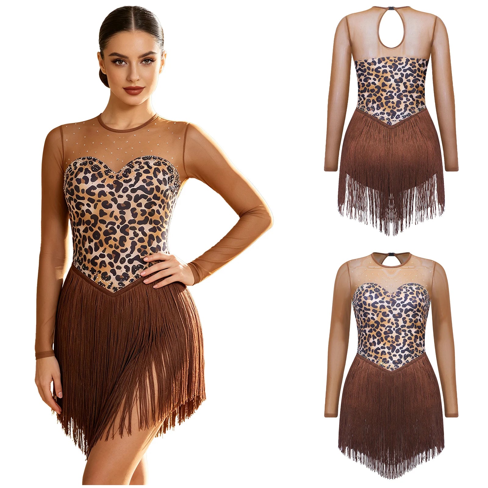 Leopard Print Rhinestone Tassel Dance Dress Long Sleeve Keyhole Bodysuit