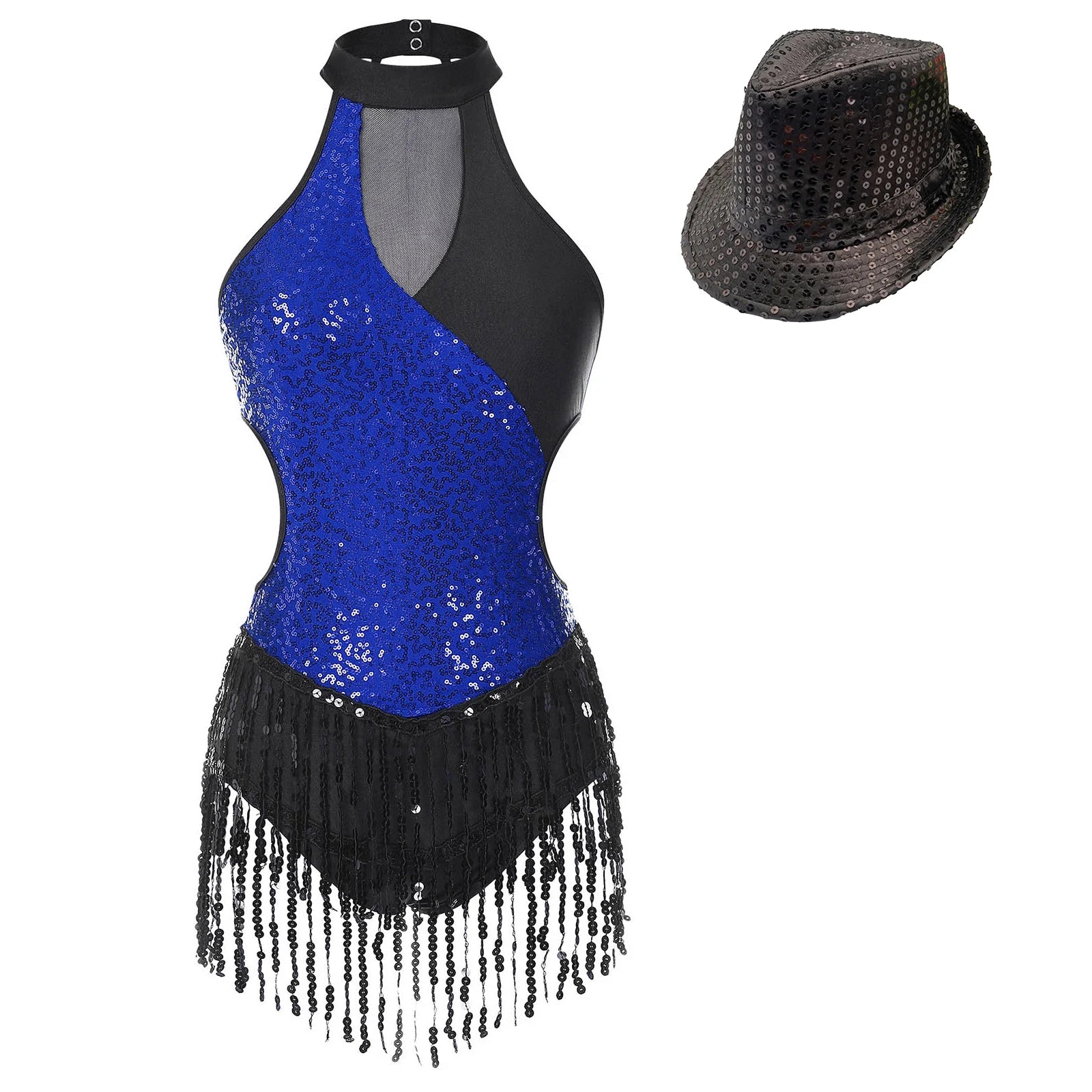 Sequined Fringe Latin Dance & Figure Skating Jumpsuit Leotard Set with Mesh Gloves