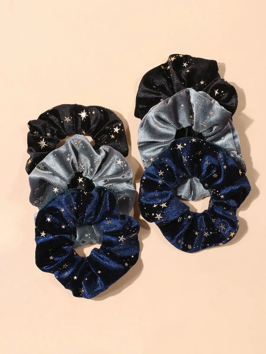 Vintage-Inspired Velvet Gold Star Hair Scrunchies 6-Piece Set