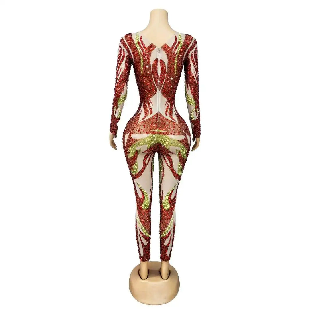 Women's Rhinestone Long Sleeve Mesh Jumpsuit | Shining Stage Costume for Singer, Dancer & Birthday