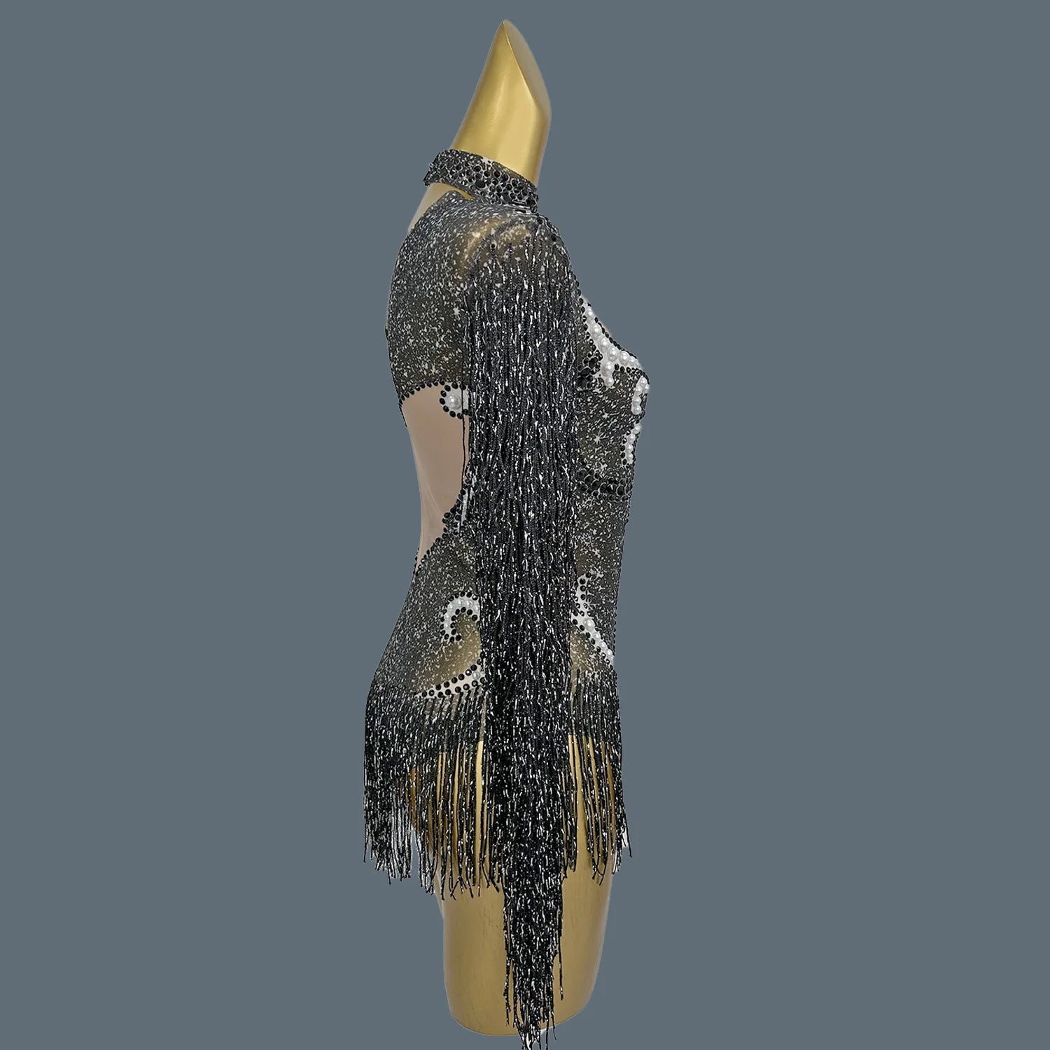 Pearl & Rhinestone Tassel Stage Costume Bodysuit Dance Leotard