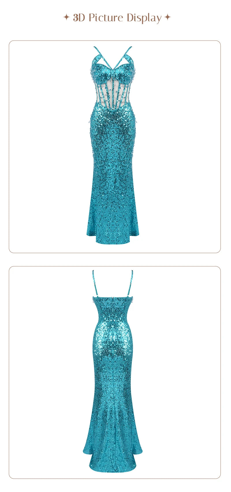 Cyan Sequin & Crystal Cross-Strap Gown
