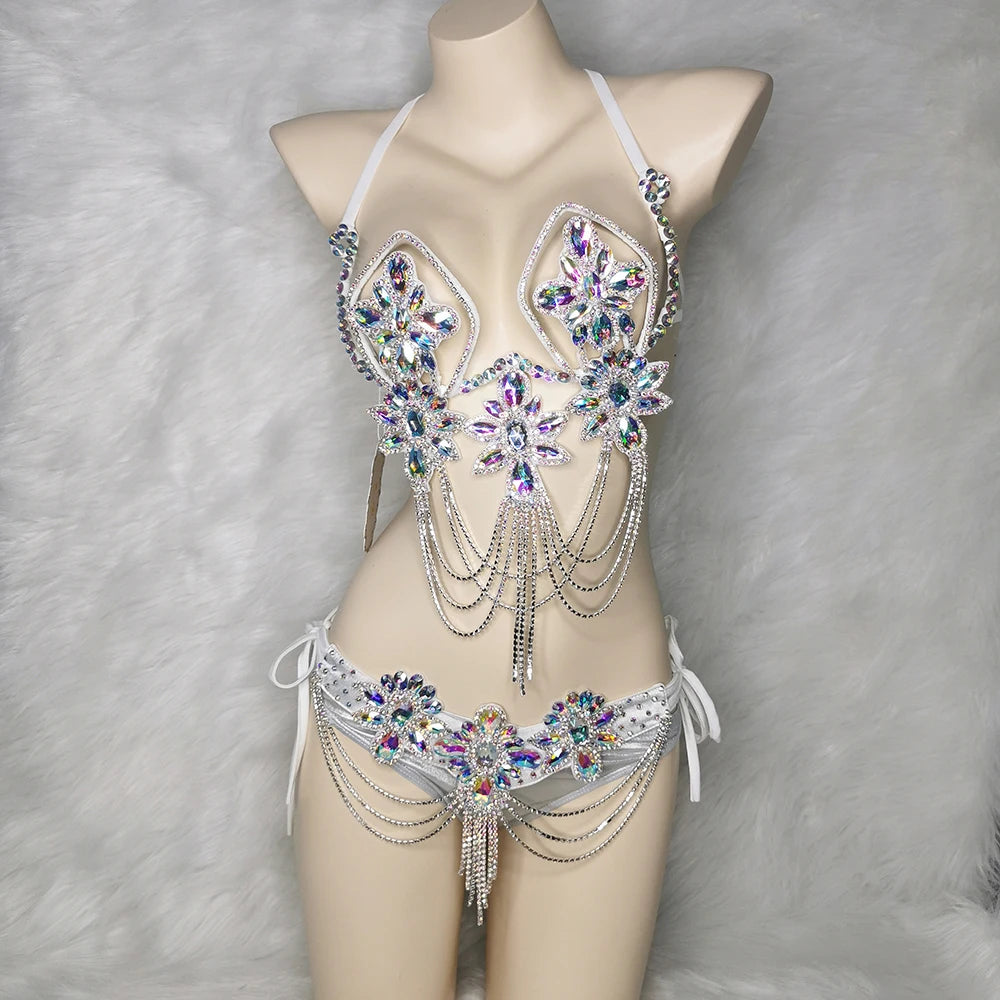 Handmade Samba Carnival Crystal Wire Bra, Panty & Belt 3-Piece Costume Set