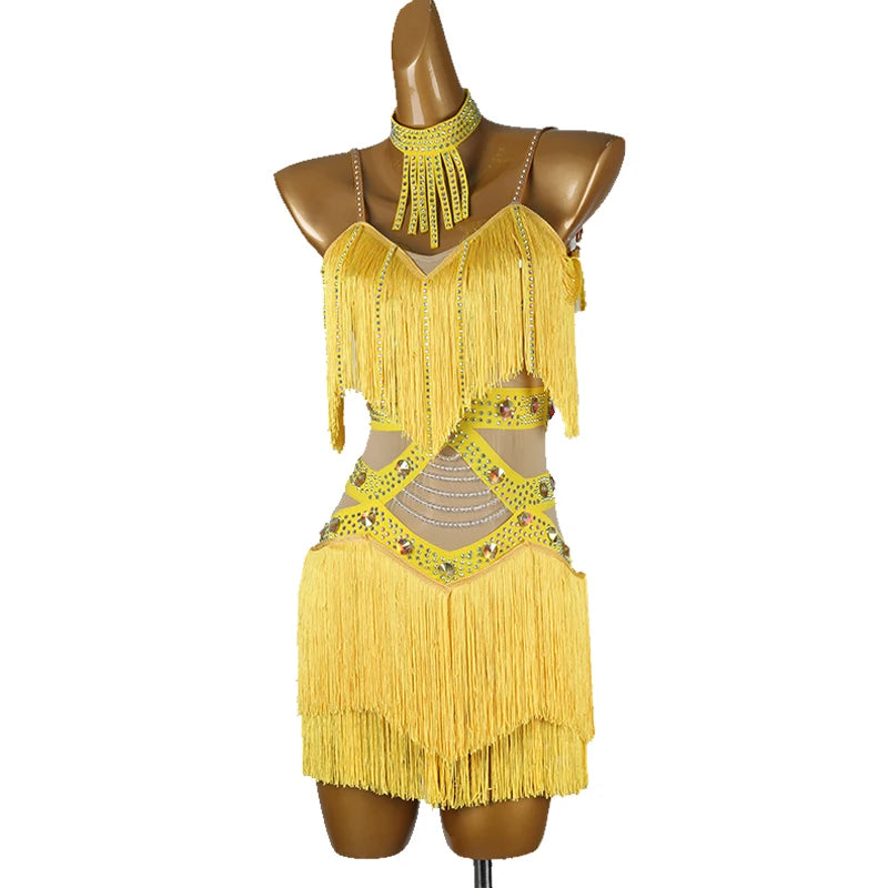Professional Latin Dance Competition Dress & Tassel Fringe Performance Outfit
