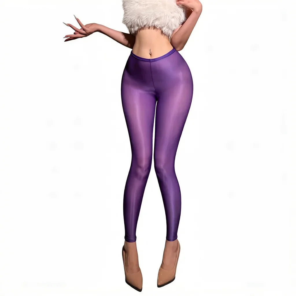 Women Thin Pants Sheer See Through Oil Shiny Leggings Pencil Pants Elastic Smooth Shaping Slim Ninth Pants Maid Tights Plus Size