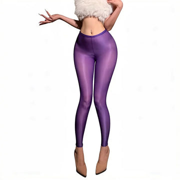 Women Thin Pants Sheer See Through Oil Shiny Leggings Pencil Pants Elastic Smooth Shaping Slim Ninth Pants Maid Tights Plus Size