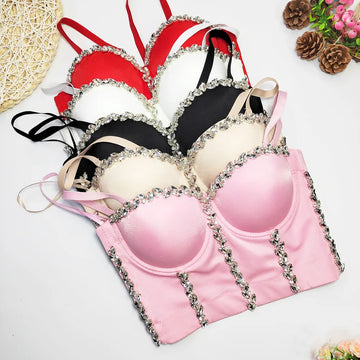 Crystal Chain Strap Bustier Corset Crop Top Hook-and-Eye Stage Bralette
