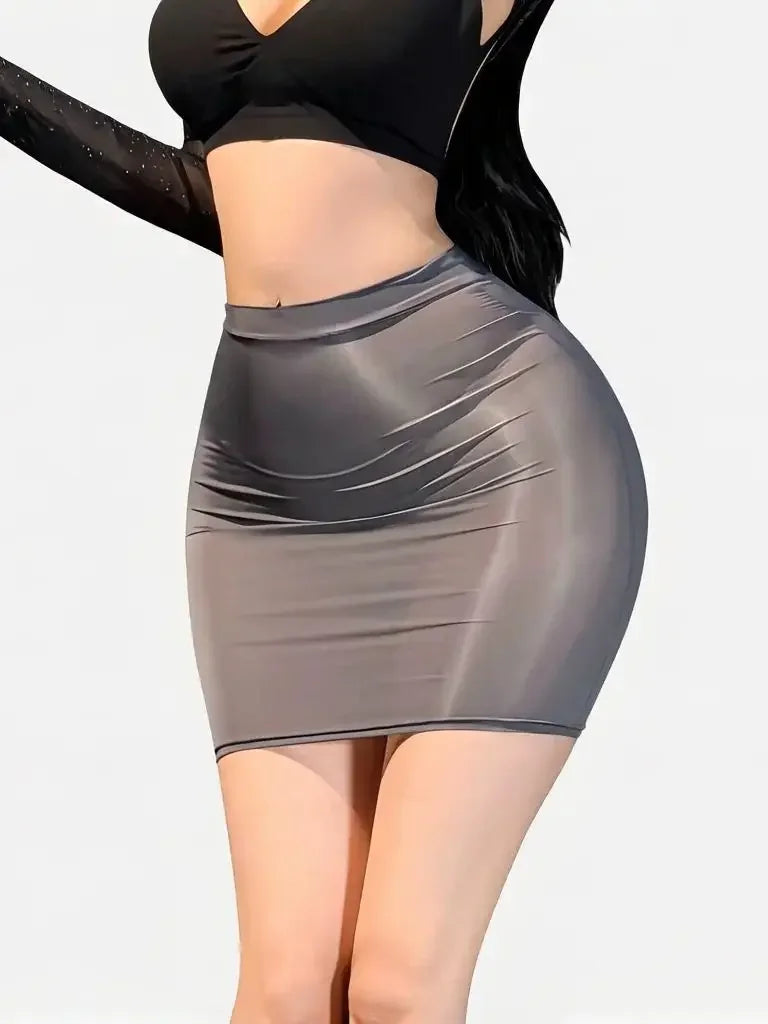 Sexy Women Ice Silk Package Hip Skirt Thin Sheer See Through Elastic Mini Micro Skirts Summer Nightclub Party Maid Skirt Plus