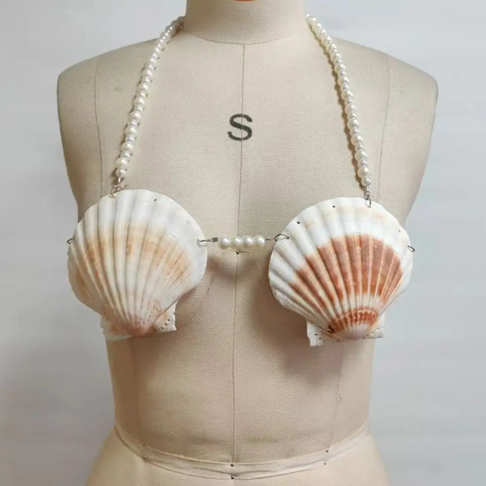 Shell-Look Bra Top with Imitation Pearls