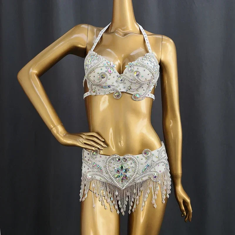 Dazzling Beaded Crystal Belly Dance Bra & Belt 2-Piece Costume Set