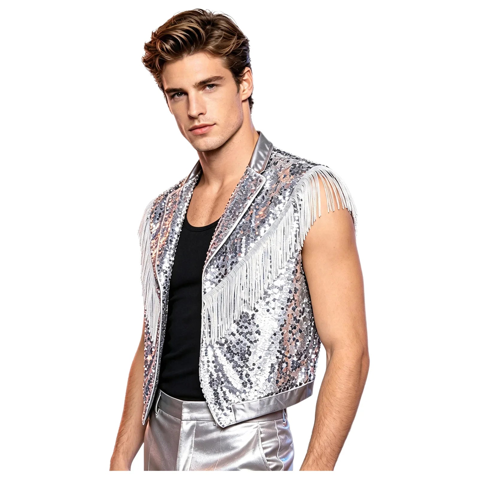 Men's Metallic Sequin Tassel Open-Front Vest Lapel Collar Sleeveless Stage Dance Waistcoat