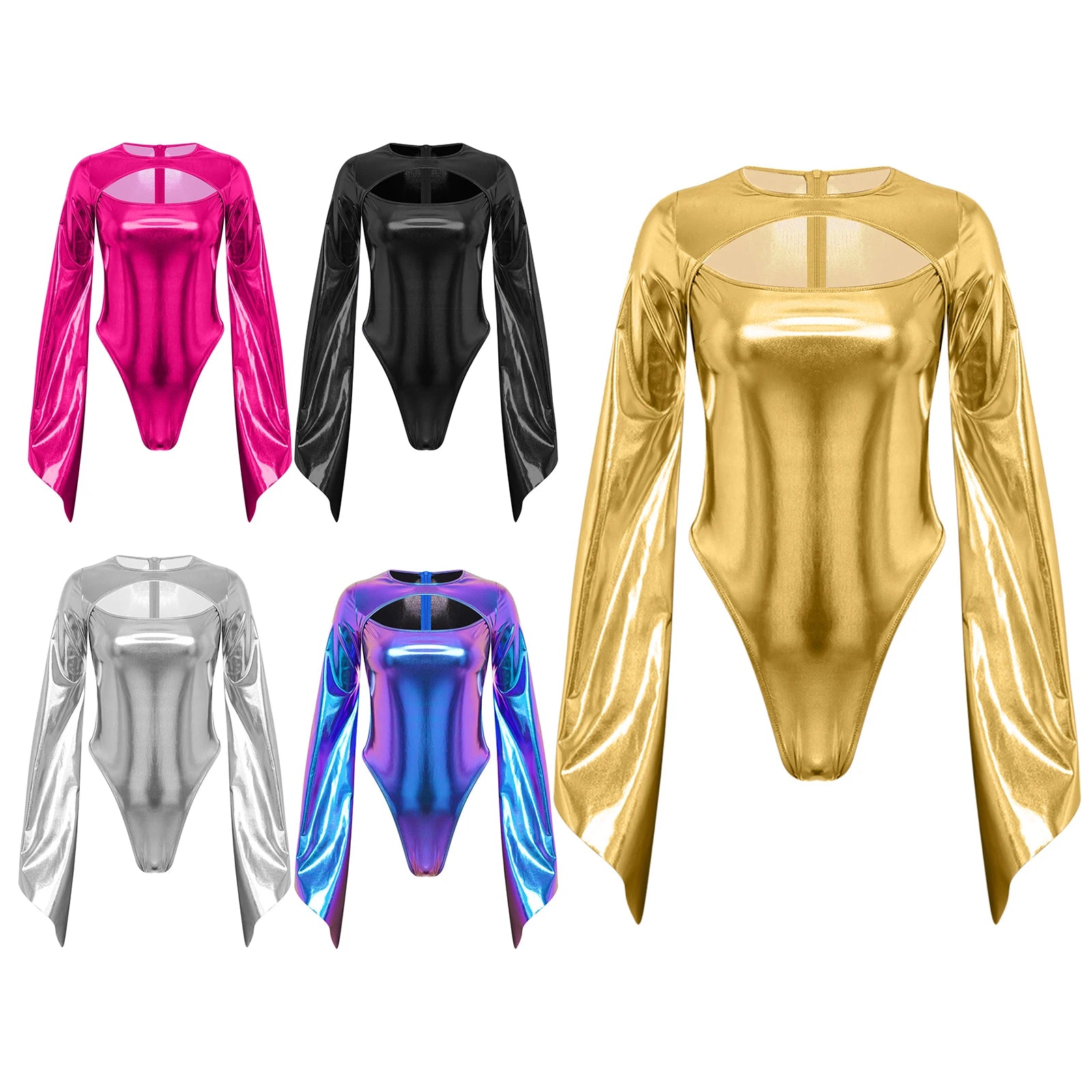 Metallic Flared Sleeve Cutout Disco Bodysuit & Metallic Rave Leotard