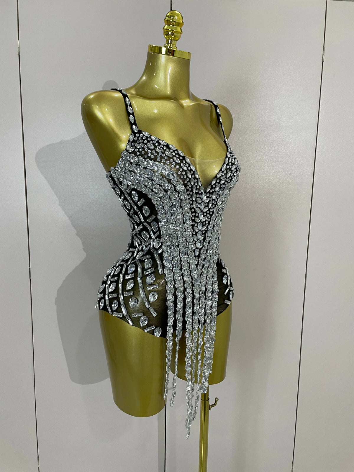 Rhinestone Long Tassel Mesh Bodysuit
