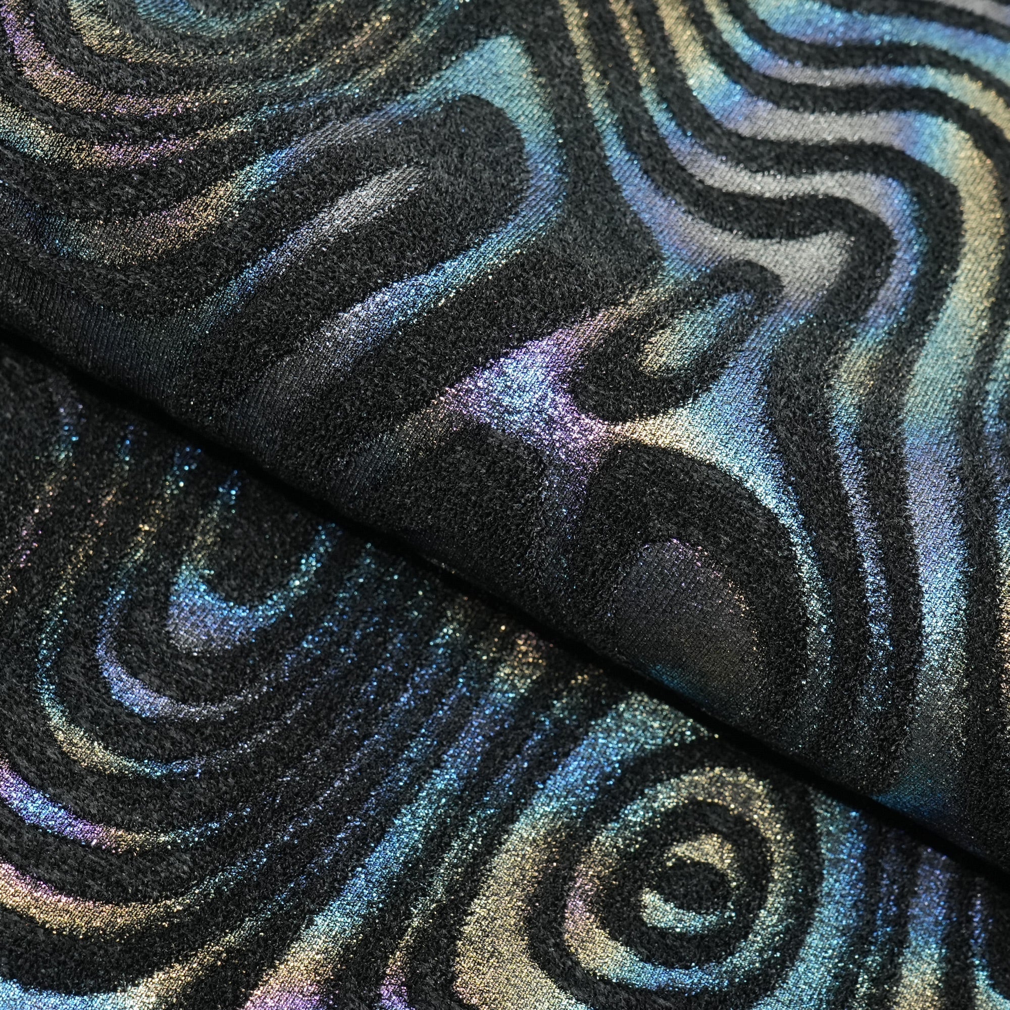 Sonic Swirl Embossed Foiled on Stretch Velvet Fabric | Blue Moon Fabrics