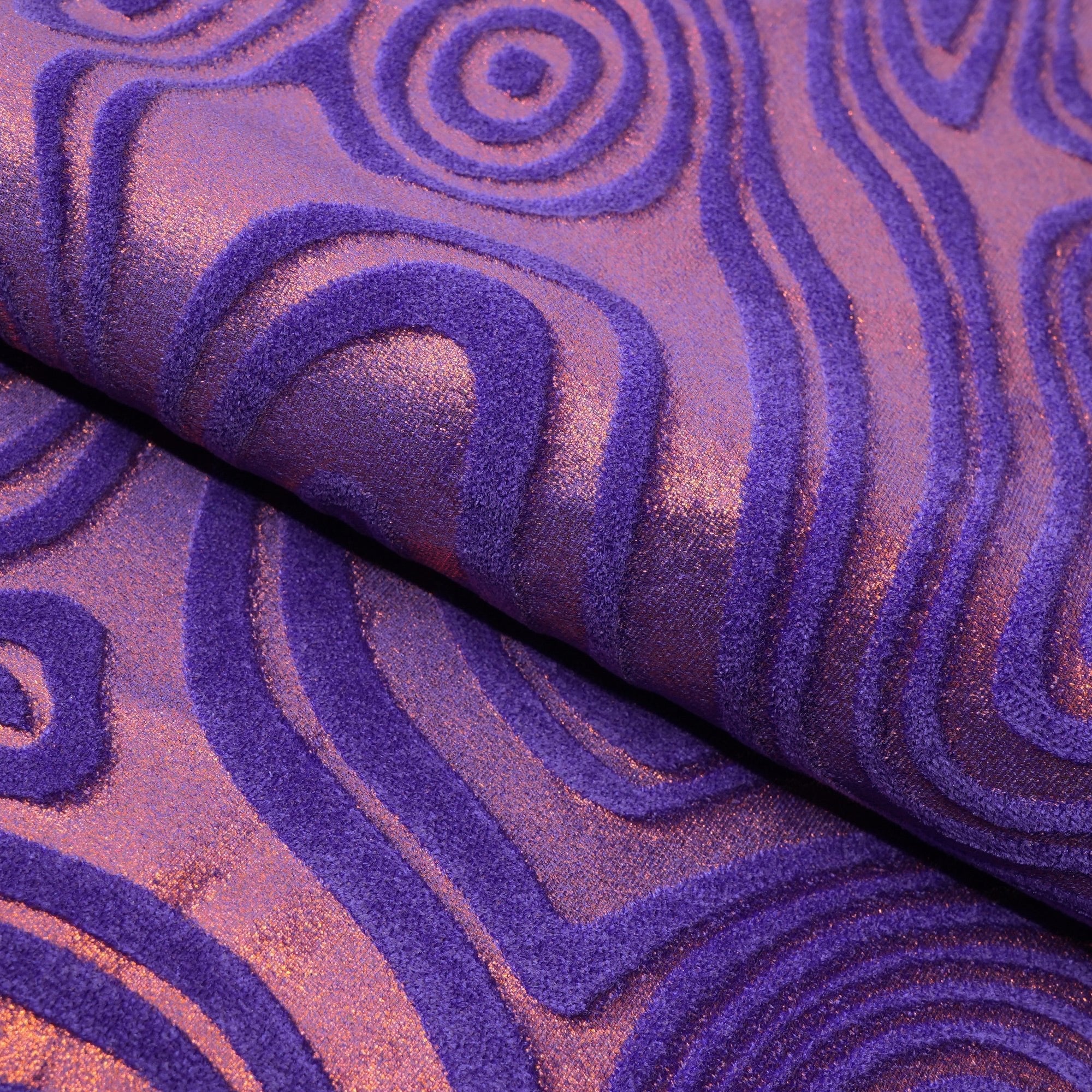 Sonic Swirl Embossed Foiled on Stretch Velvet Fabric | Blue Moon Fabrics