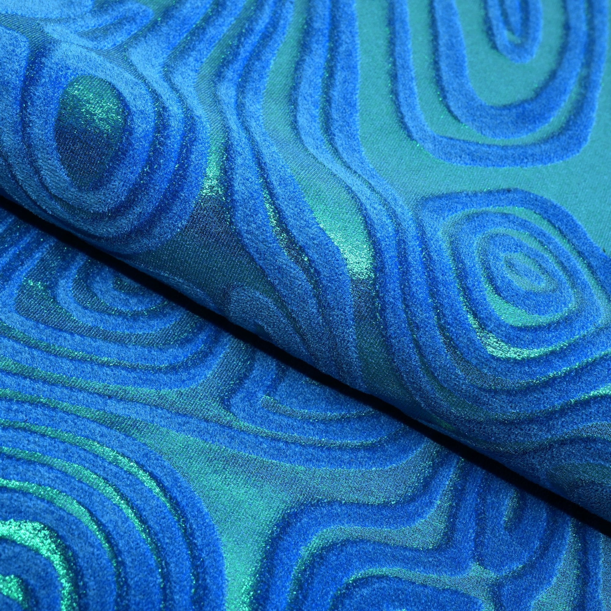 Sonic Swirl Embossed Foiled on Stretch Velvet Fabric | Blue Moon Fabrics