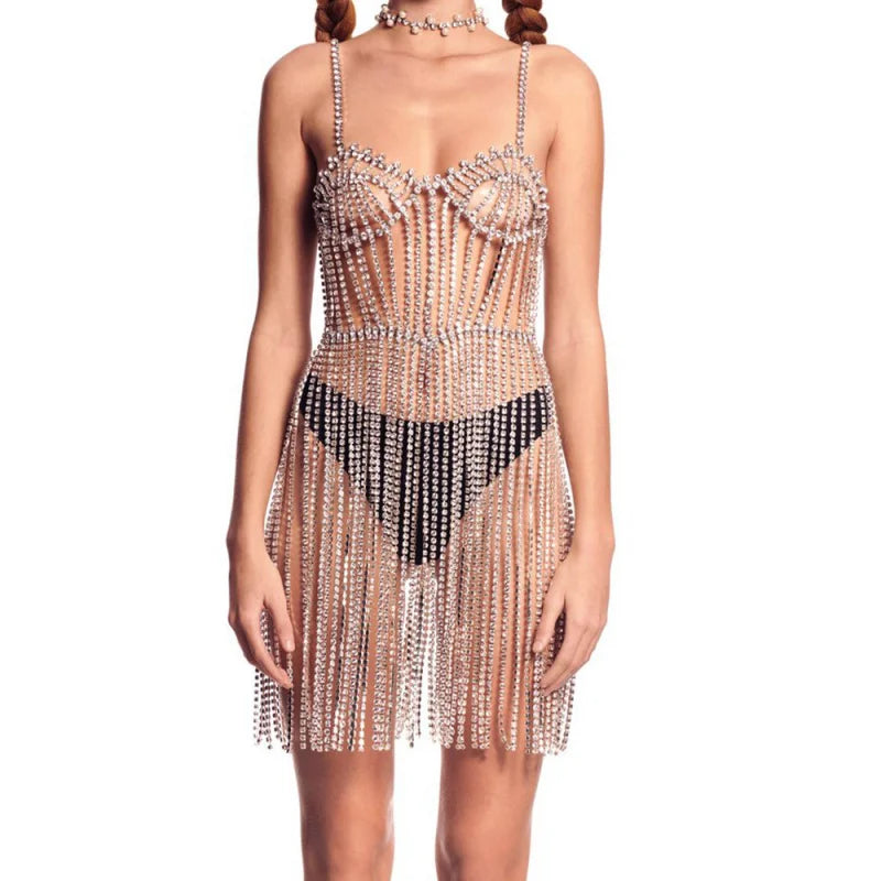 Long Rhinestone Tassel Chain Skirt